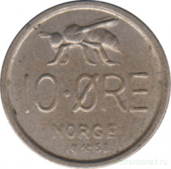Монета. Норвегия. 10 эре 1958 год.