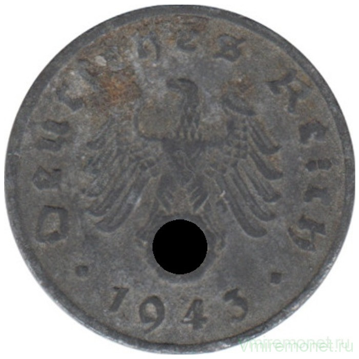 Монета. Германия. Третий Рейх. 1 рейхспфенниг 1943 год. Монетный двор - Мюнхен (D). Монета. Германия. Третий Рейх. 1 рейхспфенниг 1943 год. Монетный двор - Мюнхен (D).