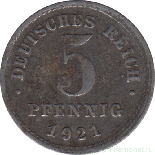 Монета. Германская империя. 5 пфеннигов 1921 год. (J).