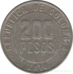 Монета. Колумбия. 200 песо 2010 год.