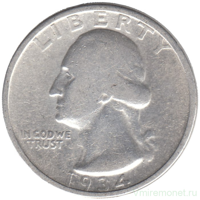 Монета. США. 25 центов 1934 год.