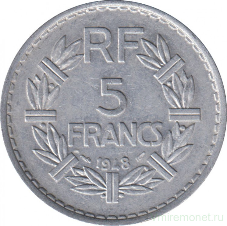 Монета. Франция. 5 франков 1948 год. Монетный двор - Париж. Аверс - открытая 9.