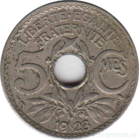 Монета. Франция. 5 сантимов 1923 год. Монетный двор - Пуасси. Аверс - молния.