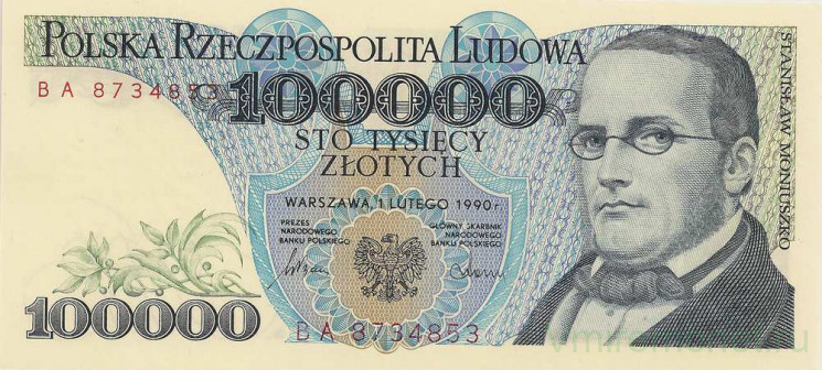 Банкнота. Польша. 100000 злотых 1990 год. Станислав Монюшко.
