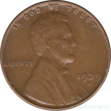 Монета. США. 1 цент 1939 год. Монетный двор S.