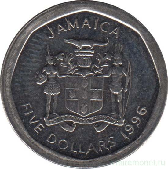 Монета. Ямайка. 5 долларов 1996 год.