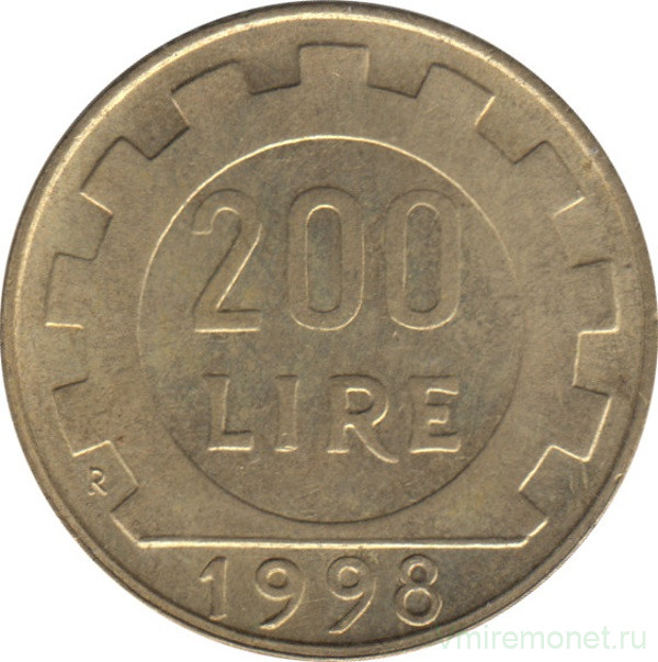 Монета. Италия. 200 лир 1998 год.