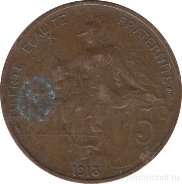 Монета. Франция. 5 сантимов 1913 год.