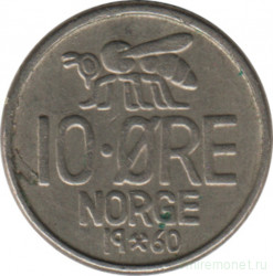 Монета. Норвегия. 10 эре 1960 год.