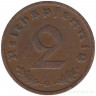 Монета. Германия. Третий Рейх. 2 рейхспфеннига 1937 год. Монетный двор - Карлсруэ (G).