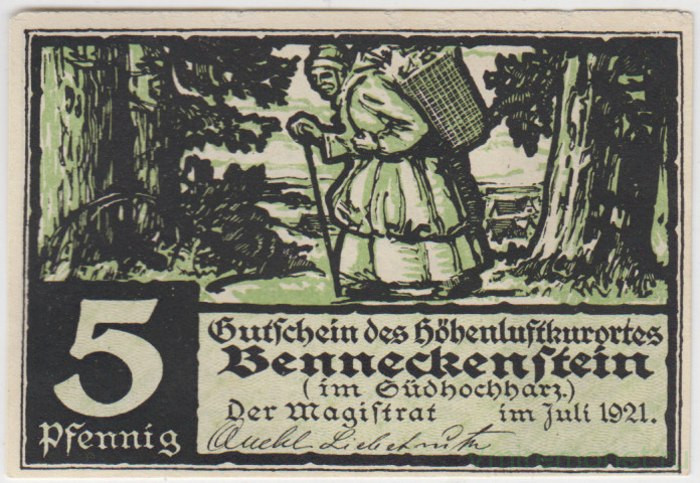Бона. Нотгельд. Германия. Город Беннекенштайн. 5 пфеннигов 1921 год. Вариант 73.1.1. 