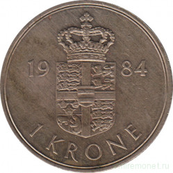 Монета. Дания. 1 крона 1984 год.