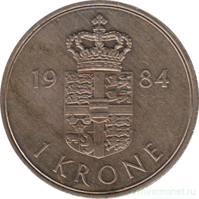 Монета. Дания. 1 крона 1984 год.
