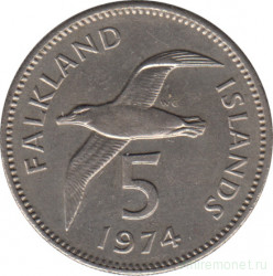 Монета. Фолклендские острова. 5 пенсов 1974 год.