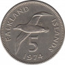 Монета. Фолклендские острова. 5 пенсов 1974 год. ав.