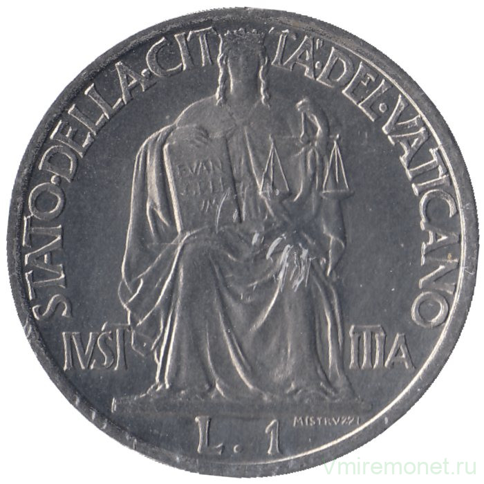 Монета. Ватикан. 1 лира 1942 год. Справедливость.