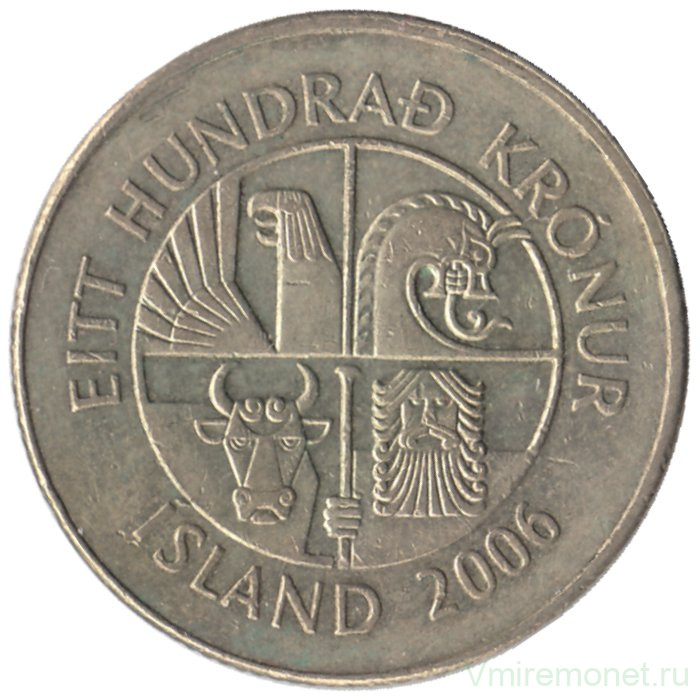 Монета. Исландия. 100 крон 2006 год.