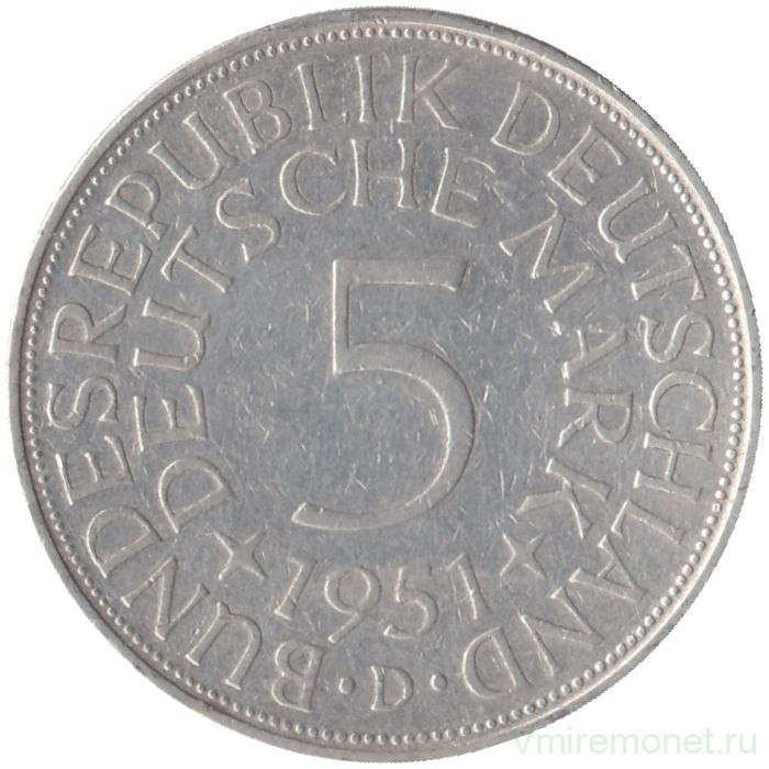 Монета. ФРГ. 5 марок 1951 год. Монетный двор - Мюнхен (D). 