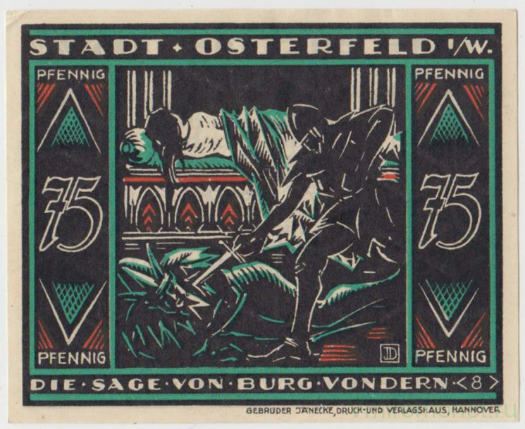 Бона. Нотгельд. Германия. Город Остерфельд. 75 пфеннигов 1921 год. Вариант 1033.2.3.2.