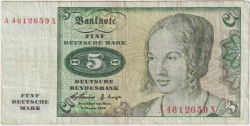 Банкнота. Германия. ФРГ. 5 марок 1960 год. Тип 18а.