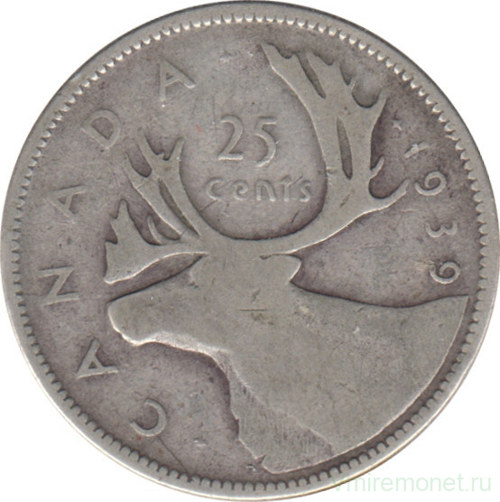 Монета. Канада. 25 центов 1939 год.
