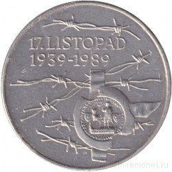 Монета. Чехословакия. 100 крон 1989 год. 50 лет событиям 17 ноября 1939.