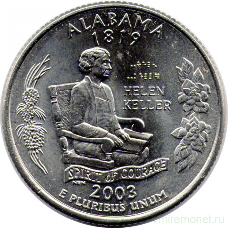 Монета. США. 25 центов 2003 год. Штат № 22 Алабама. Монетный двор D.