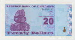 Банкнота. Зимбабве. 20 долларов 2009 год.