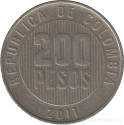 Монета. Колумбия. 200 песо 2011 год.