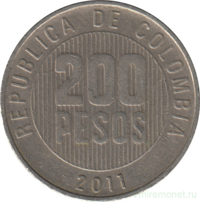 Монета. Колумбия. 200 песо 2011 год.