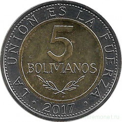 Монета. Боливия. 5 боливиано 2017 год.