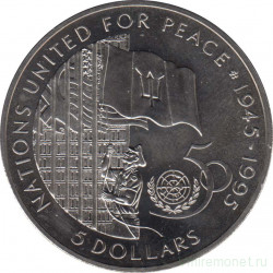 Монета. Барбадос. 5 долларов 1995 год. 50 лет ООН.