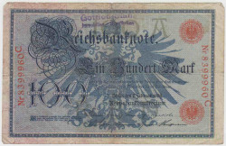 Банкнота. Германия. Германская империя (1871-1918). 100 марок 1908 год. Старый тип. Номер серии (семь цифр и одна буква) - красный цвет. Надпечатка.