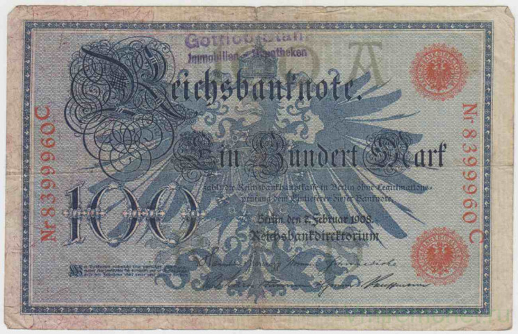 Банкнота. Германия. Германская империя (1871-1918). 100 марок 1908 год. Старый тип. Номер серии (семь цифр и одна буква) - красный цвет. Надпечатка.