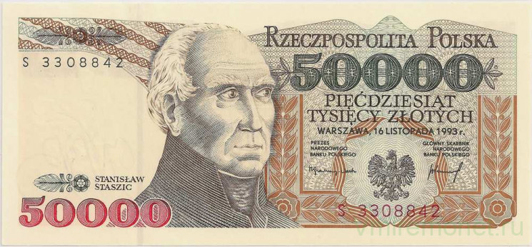Банкнота. Польша. 50000 злотых 1993 год. Станислав Сташиц.