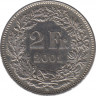  Монета. Швейцария. 2 франка 2001 год. ав.