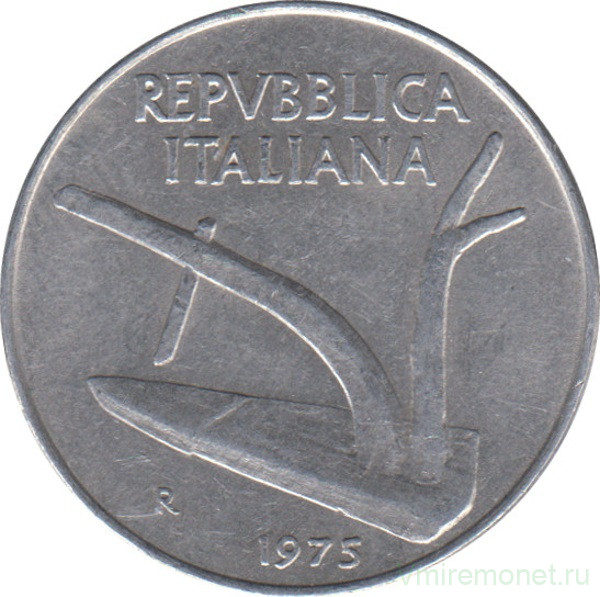 Монета. Италия. 10 лир 1975 год.