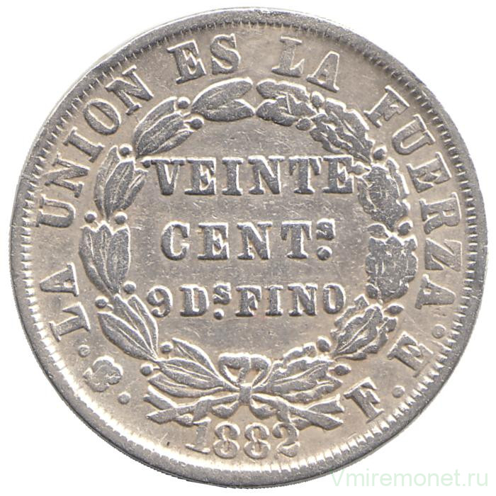 Монета. Боливия. 20 сентаво 1882 год.