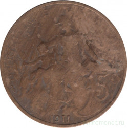 Монета. Франция. 5 сантимов 1911 год.