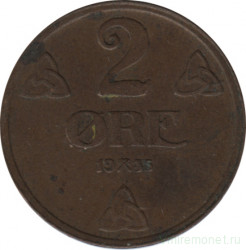 Монета. Норвегия. 2 эре 1935 год.