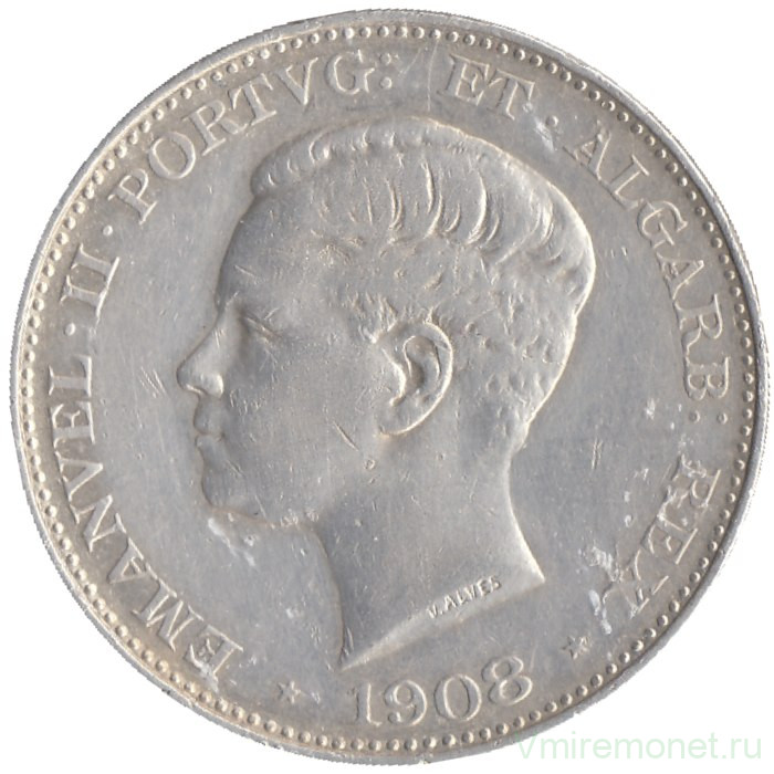 Монета. Португалия. 500 рейсов 1908 год. Мануэл II.