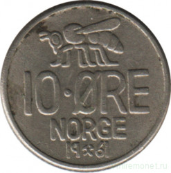 Монета. Норвегия. 10 эре 1961 год.