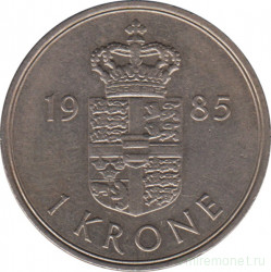 Монета. Дания. 1 крона 1985 год.