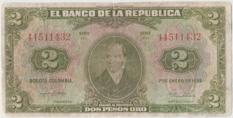 Банкнота. Колумбия. 2 песо 1955 год. Тип 390d.