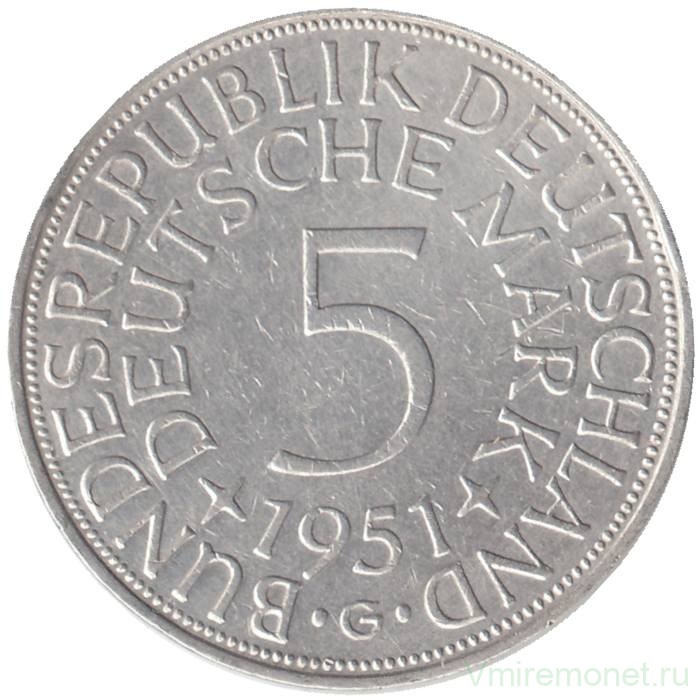 Монета. ФРГ. 5 марок 1951 год. Монетный двор - Карлсруэ (G).  