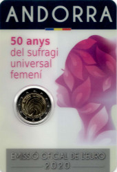 Монета. Андорра. 2 евро 2020 год. 50 лет всеобщему женскому избирательному праву. Блистер, коинкарта.