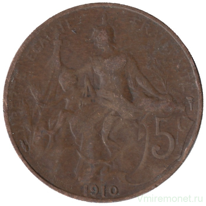 Монета. Франция. 5 сантимов 1910 год.   