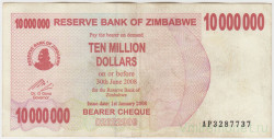 Банкнота. Зимбабве.Чек на предъявителя в 10000000 долларов (срок 01.01.2008 - 30.06.2008). Тип 55.