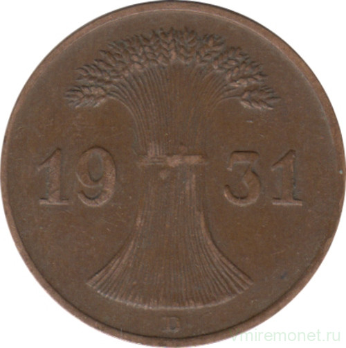 Монета. Германия. Веймарская республика. 1 рейхспфенниг 1931 год. Монетный двор - Мюнхен (D).