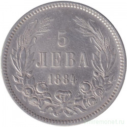 Монета. Болгария. 5 левов 1884 год.